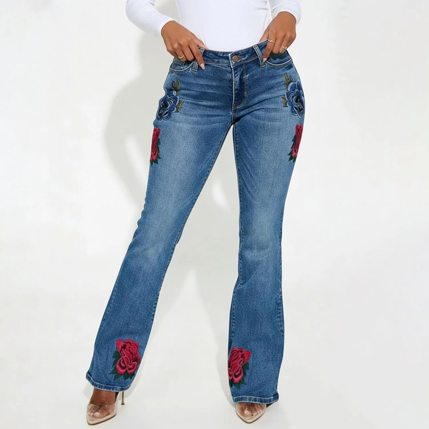 Женские джинсы-клеш с вышивкой, цветочный принт, повседневные джинсы-колокол, модные джинсы со средней посадкой, стильные джинсы для путешествий, пляжа и отдыха — фото 3