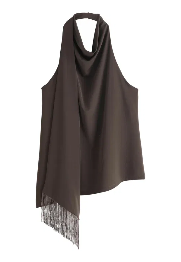 Топ Next, Regular fit sleeveless halter neck fringe scarf top, шоколадно-коричневый