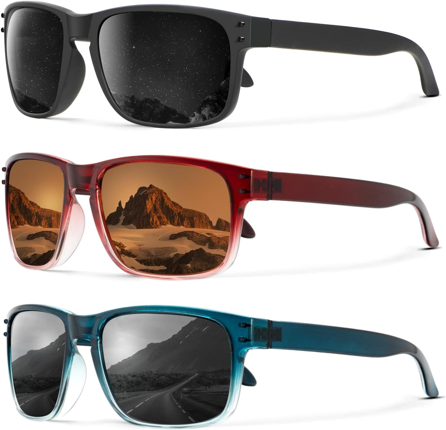 

Поляризованные солнцезащитные очки KALIYADI для мужчин и женщин в винтажном стиле, подходят для рыбалки, бега, вождения и защиты от УФ-излучения, (3 Pack) Black/Gradient Wine Red/Gradient Blue