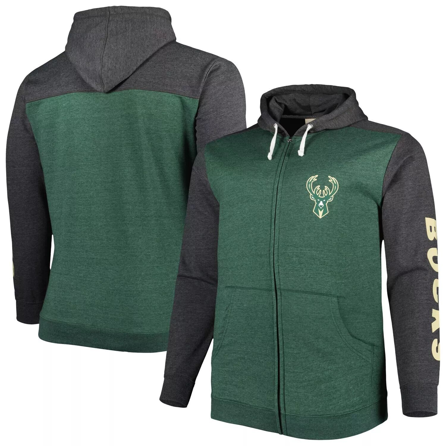 

Мужская фирменная толстовка с капюшоном Hunter Green/Heathered Black Milwaukee Bucks Big & Tall с молнией во всю длину и на длинные дистанции Fanatics