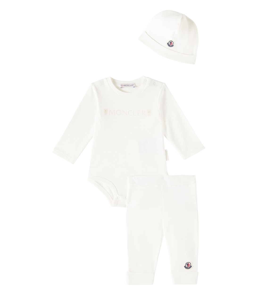 

Детский комплект из хлопкового боди, штанишек и шапочки Moncler Enfant, белый