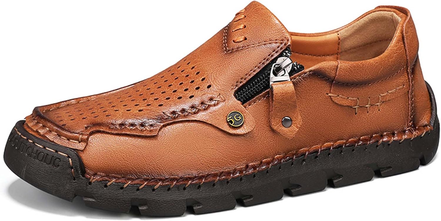 

Мужские кожаные повседневные кроссовки, молния, перфорированный верх, комфортные, мягкие, дышащие, ручная прошивка подошвы, прочные, стильные, для повседневной носки, отдыха и досуга, легкая физическая активность Vtiao, оранжевый