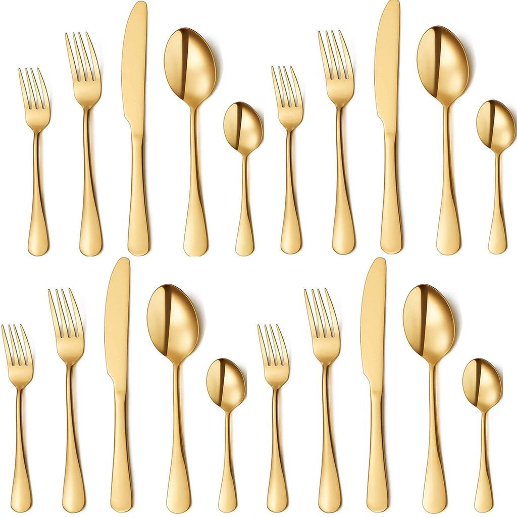 

Набор столовых приборов, нож, вилка, ложка, столовые приборы из 20 предметов на 4 персоны, набор столовых приборов, включающий нож, вилку, ложку, столовые приборы из нержавеющей стали, можно мыть в посудомоечной машине (золото) minhgoring