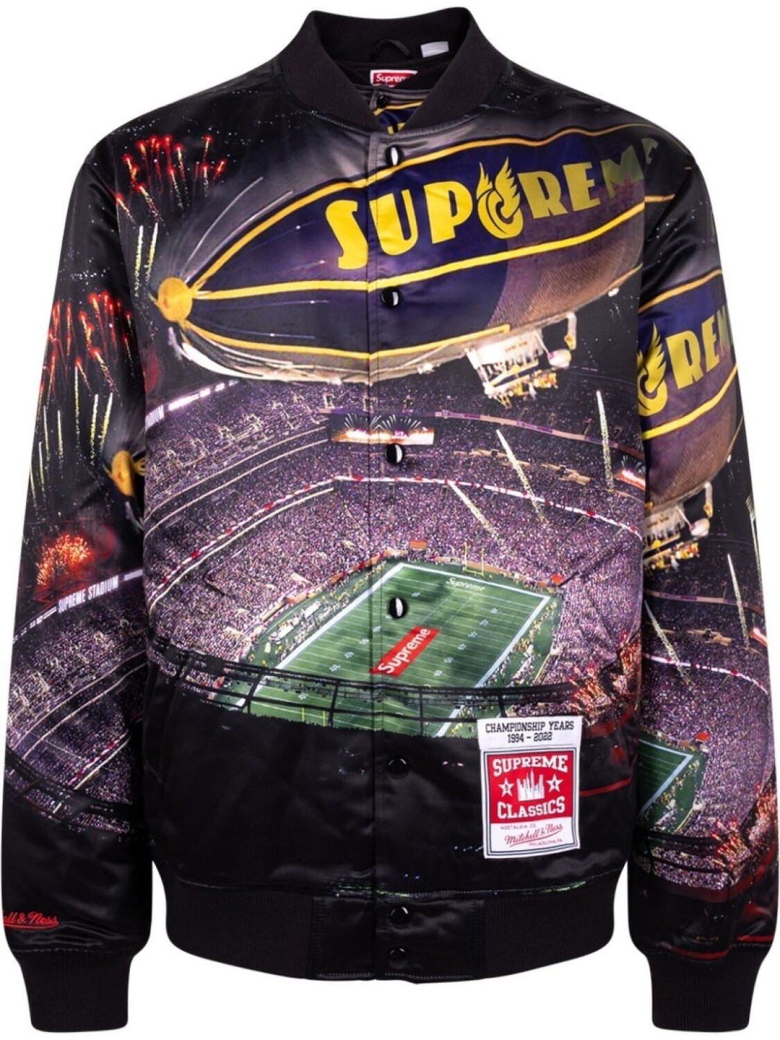 

Supreme бомбер из коллаборации с Mitchell & Ness Stadium, фиолетовый