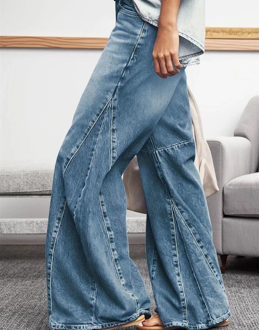 Generic Женские джинсы в стиле стрит-фэшн Vintage Washed, низкая посадка, светлый синий, расклешенные, широкие — фото 2