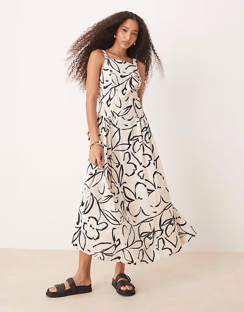 

Платье миди с квадратным вырезом и заниженной талией от ASOS DESIGN в нейтральный цветочный принт