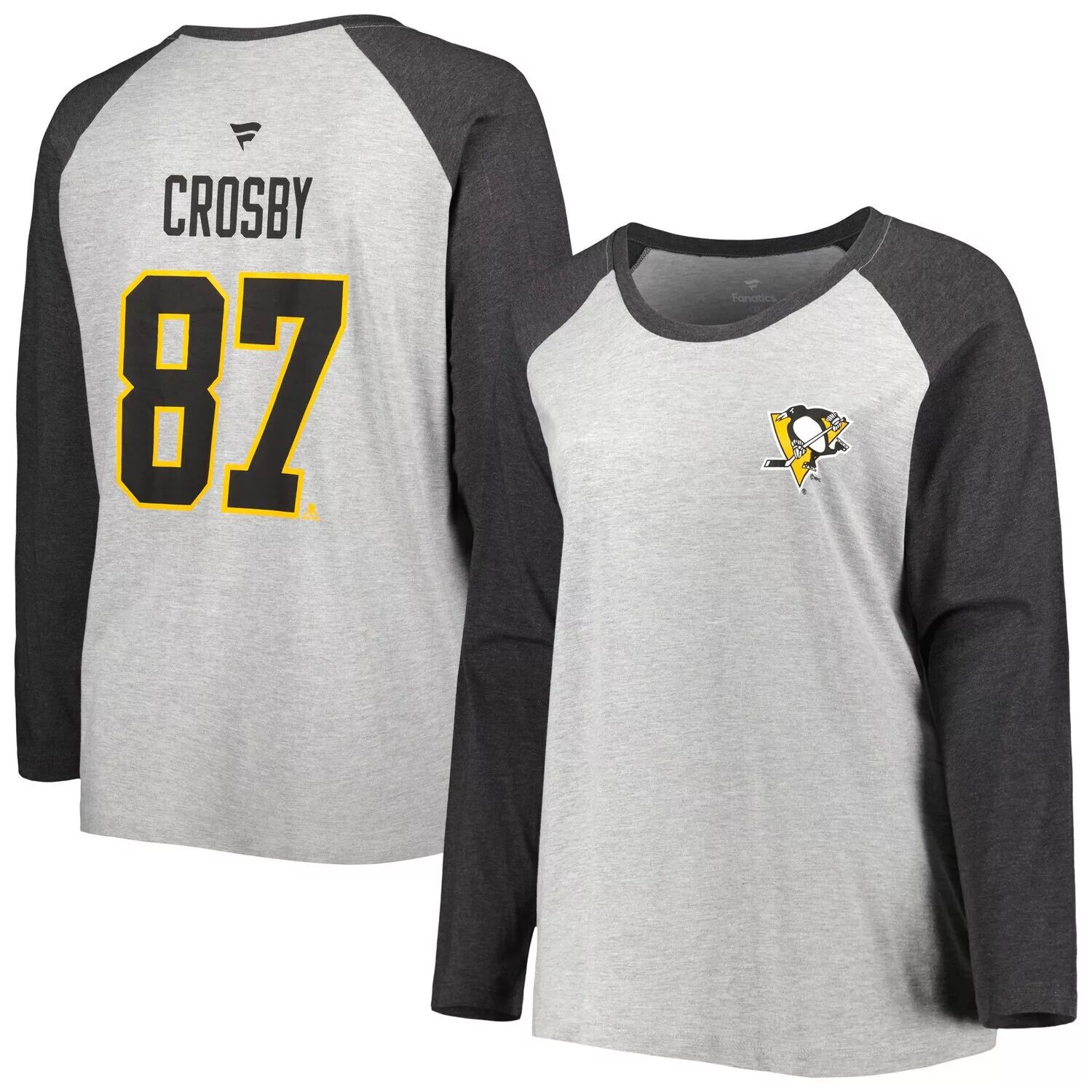 

Женская футболка Fanatics с логотипом Sidney Crosby Heather Grey/Heather Charcoal Pittsburgh Penguins, большие размеры, имя и номер, футболка реглан с длинными рукавами Fanatics
