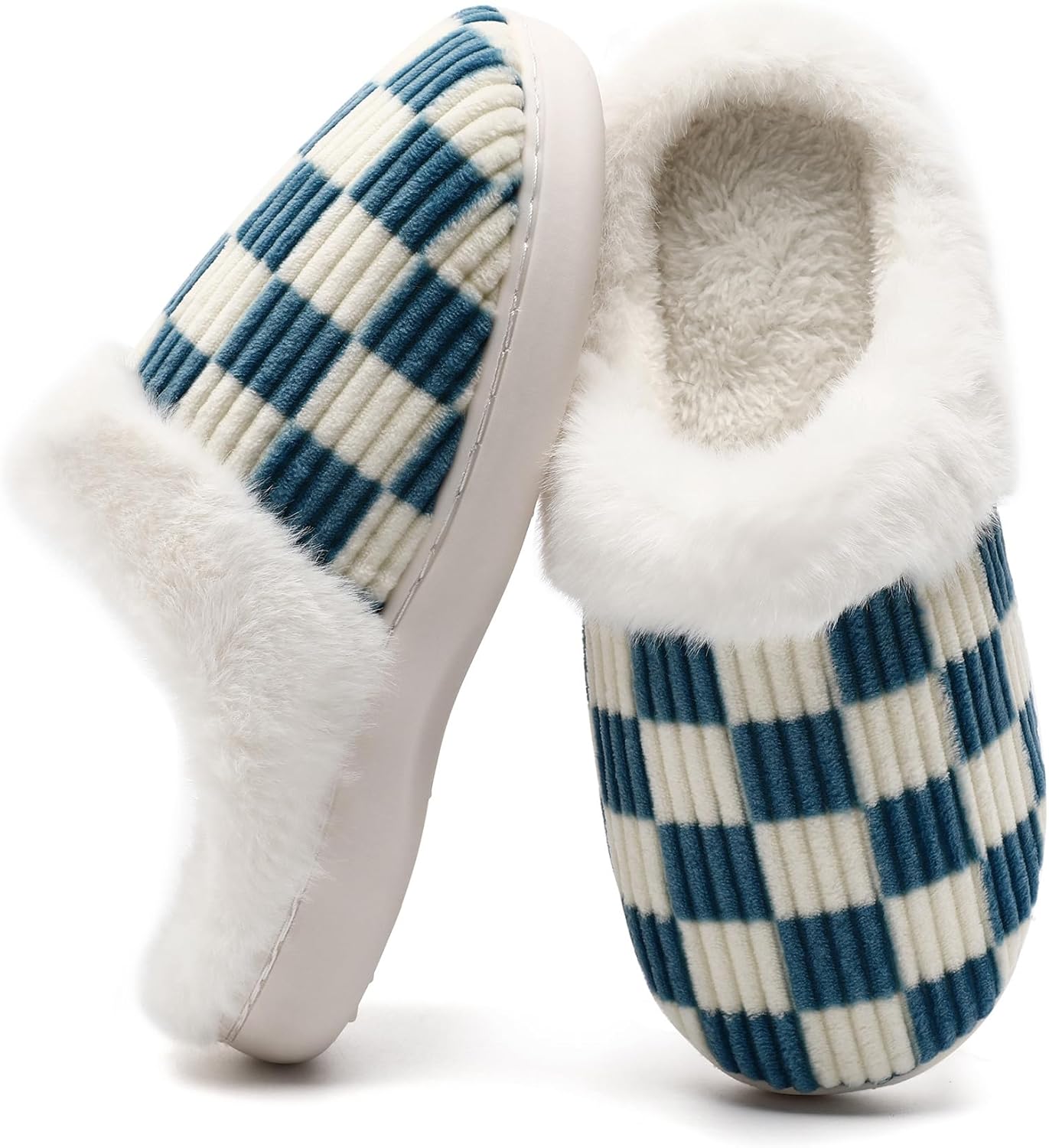 

Домашние тапочки Yueerlu для женщин и мужчин, мягкие клетчатые тапочки для мужчин и женщин с теплой подошвой из мемори-пены, для дома и улицы с подкладкой из искусственного меха, синий