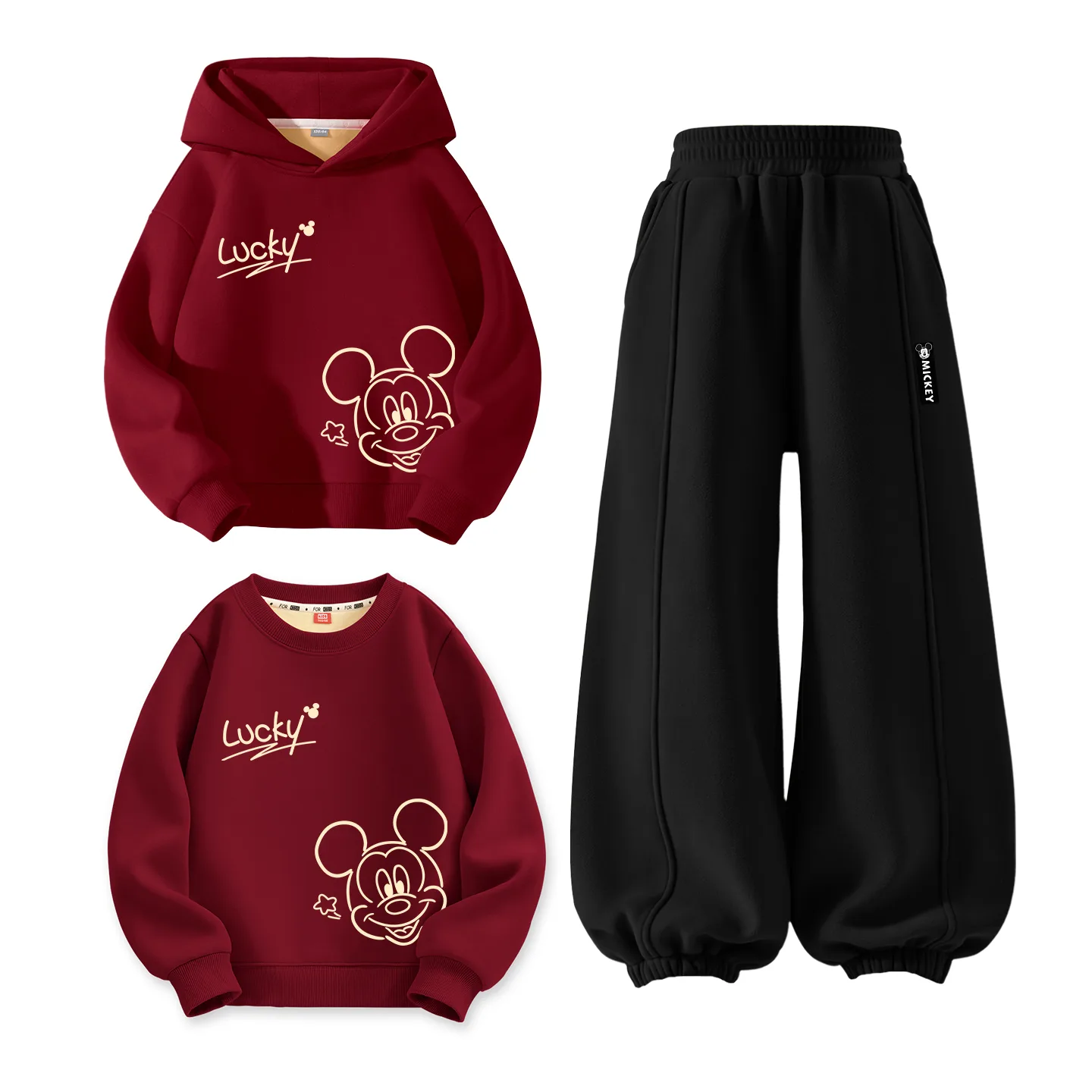 Детский спортивный комплект из 3 предметов Disney, [Thickened and Fleece-Lined]DeFuma Logo K Burgundy+DeH Long Hook-and-Loop K Black+DeFuma Logo K Burgundy — фото 3