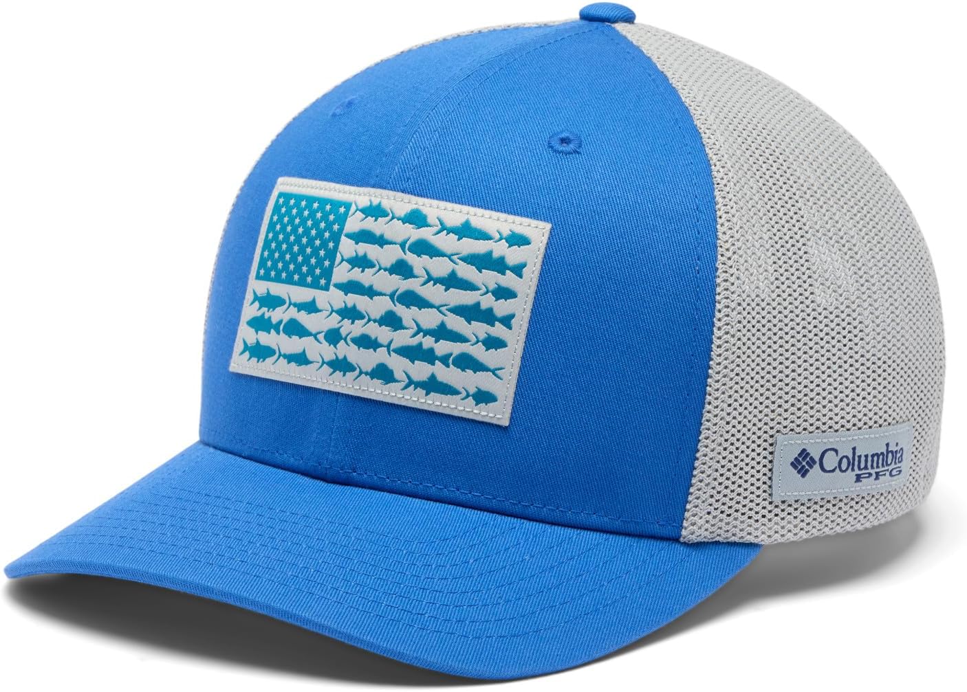 

Бейсболка Columbia Unisex для взрослых PFG с сеткой, Vivid Blue/Cool Grey/Us Fish Flag