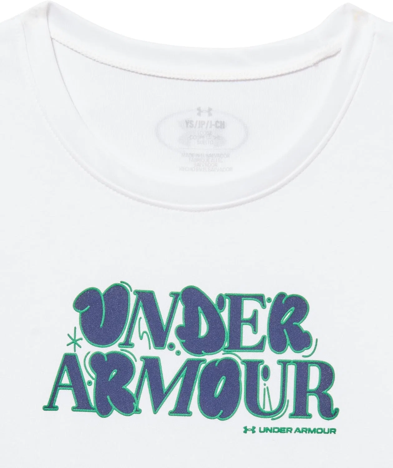 Футболка для девочек Under Armour Tech Wordmark, цвет (100) White / Midnight Navy / Team Kelly Green — фото 2
