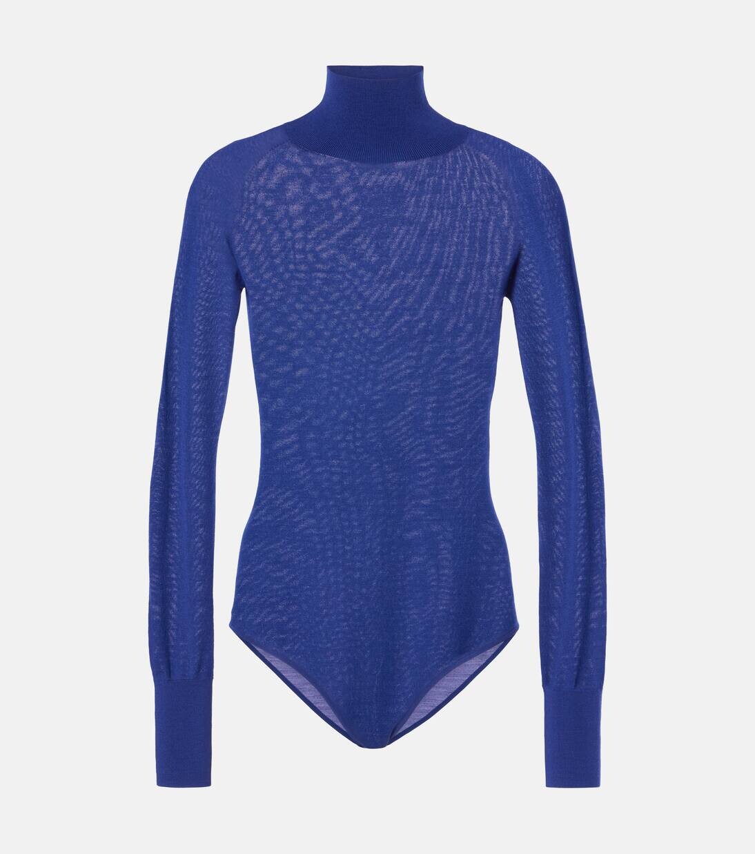 

Прозрачный шерстяной боди с высоким воротом Alaïa, цвет bleu royal