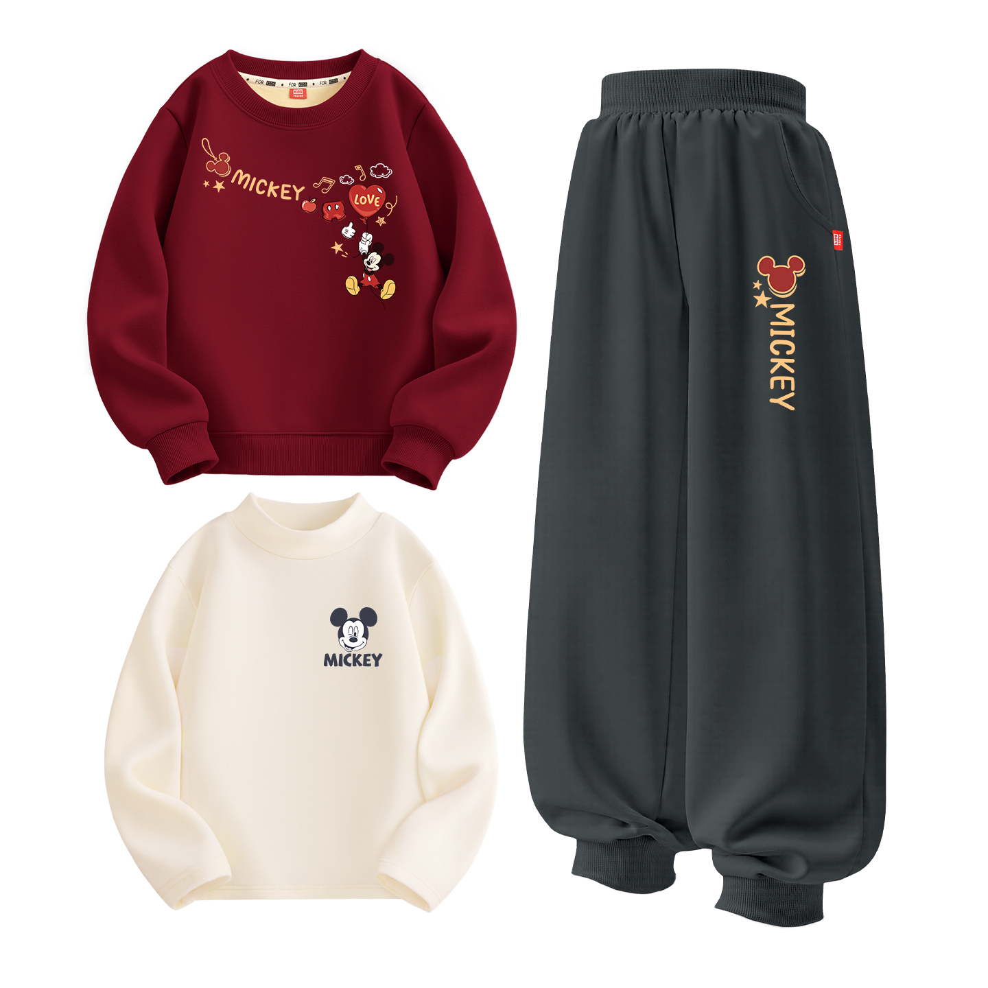 

Детская повседневная спортивная одежда с утеплением Disney, [thickened and fleece-lined three-piece set]new year's special right upper бордовый+new year's special k graphite серый+new year's special k milk белый