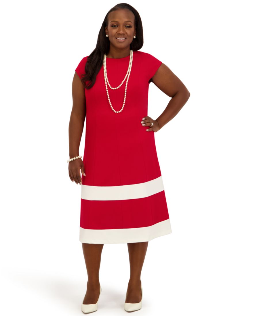 

Женское платье-трапеция с короткими рукавами, длиной до колена, приталенного силуэта и расклешенной юбки, стандартные и большие размеры Kasper, Crimson