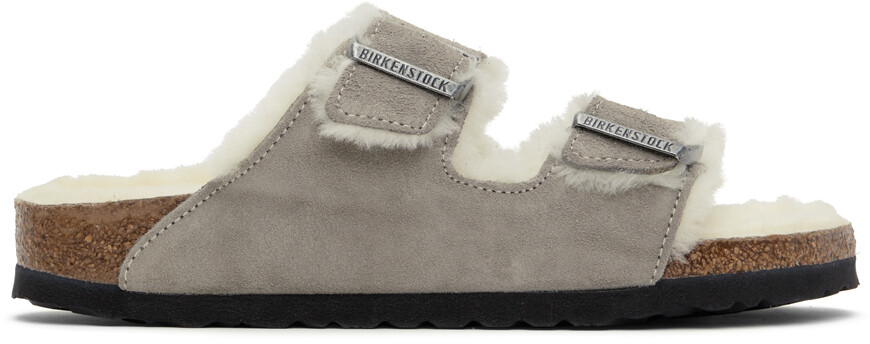 Серые узкие сандалии из овчины Arizona Birkenstock, Stone coin