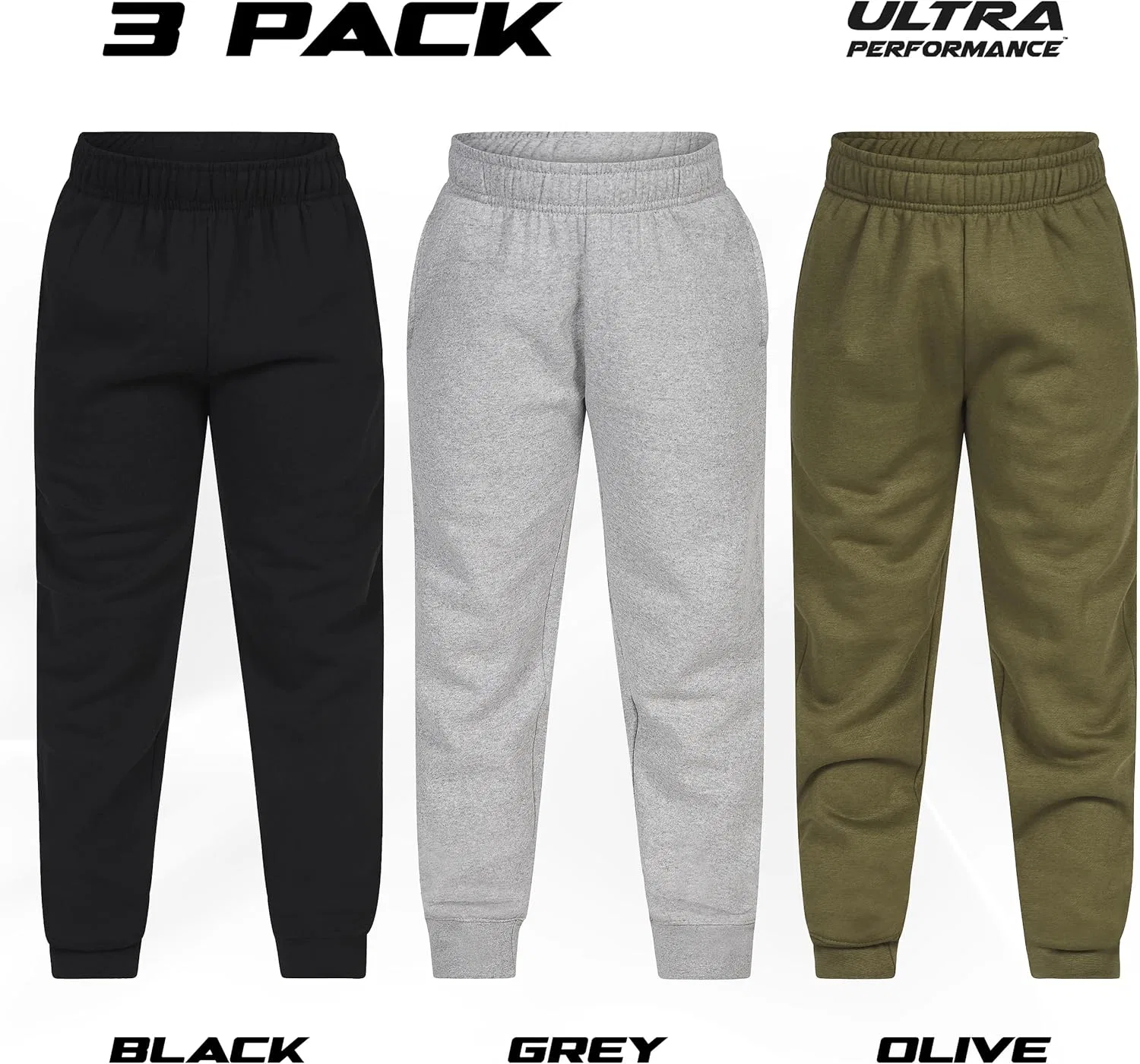 Комплект из 3 спортивных штанов Ultra Performance для мальчиков, детская одежда, спортивные брюки из мягкого флиса, размеры 4-20, Black/Grey/Dk Olive — фото 3