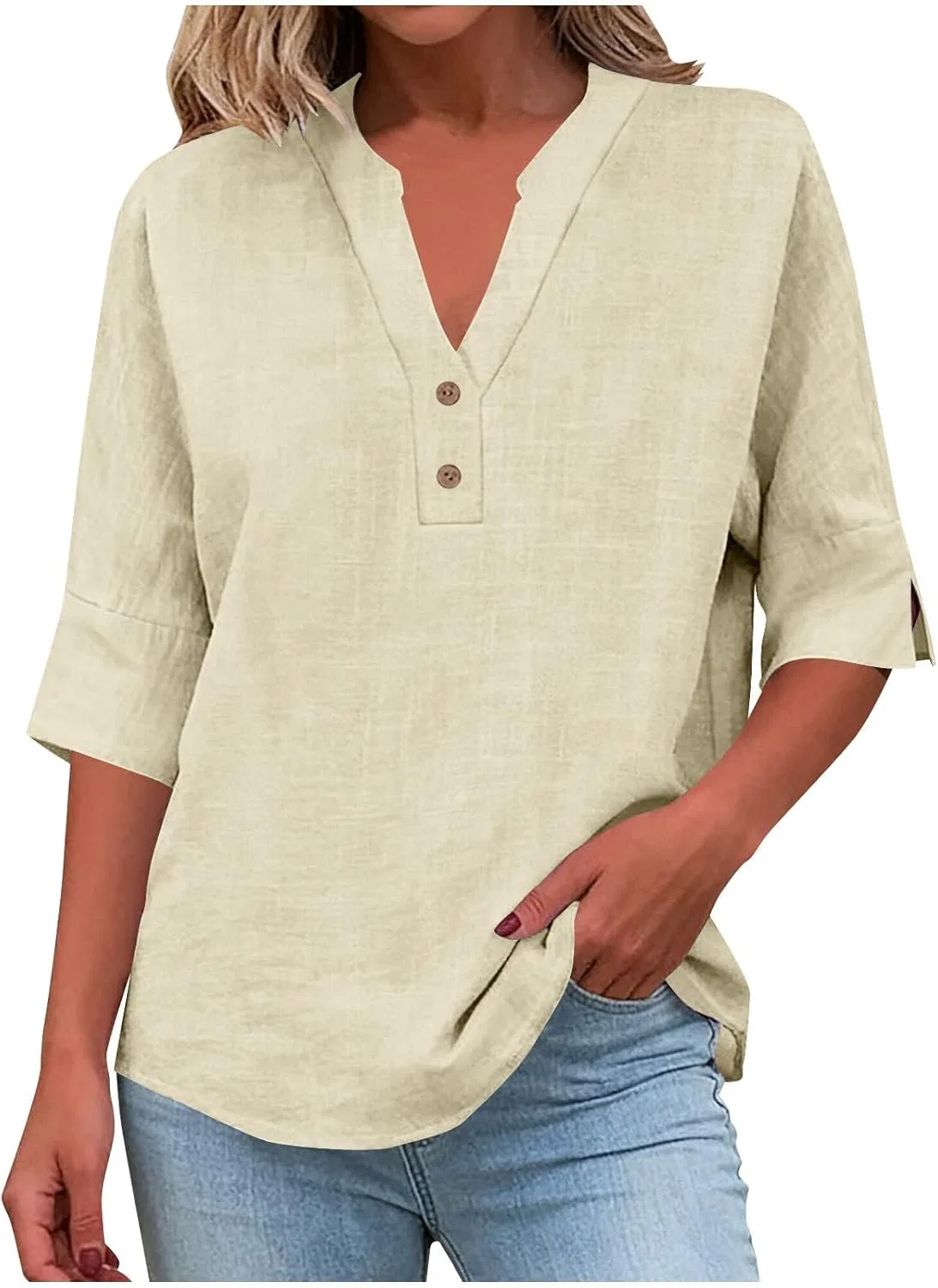 Женская блуза с V-образным вырезом, Cotton Linen, Beige#01