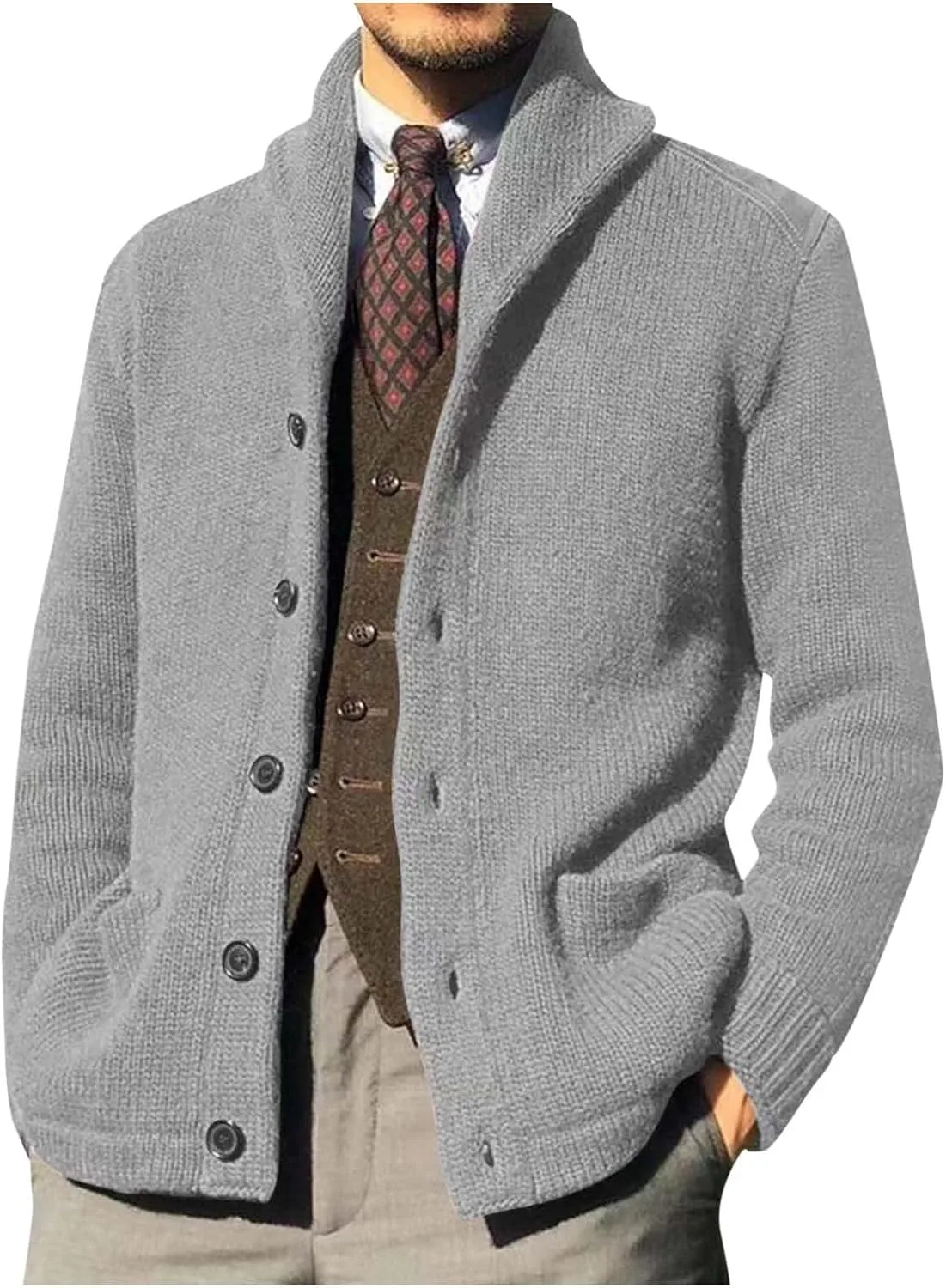 

Мужской кардиган с воротником-шалью, вязаный, на пуговицах, с длинными рукавами и карманами