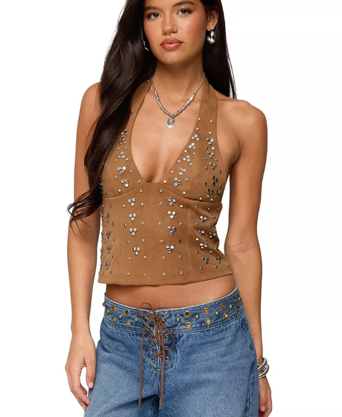 

Женский топ Xaria из искусственной замши с заклепками Edikted, коричневый