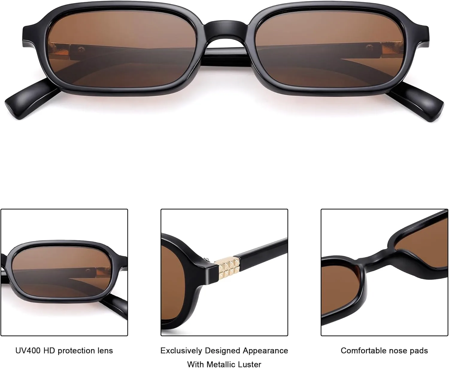 

Солнцезащитные очки COASION в стиле ретро, ​​прямоугольной формы, для женщин - маленькие винтажные модные солнцезащитные очки в стиле 90-х, A1 Black / Tea