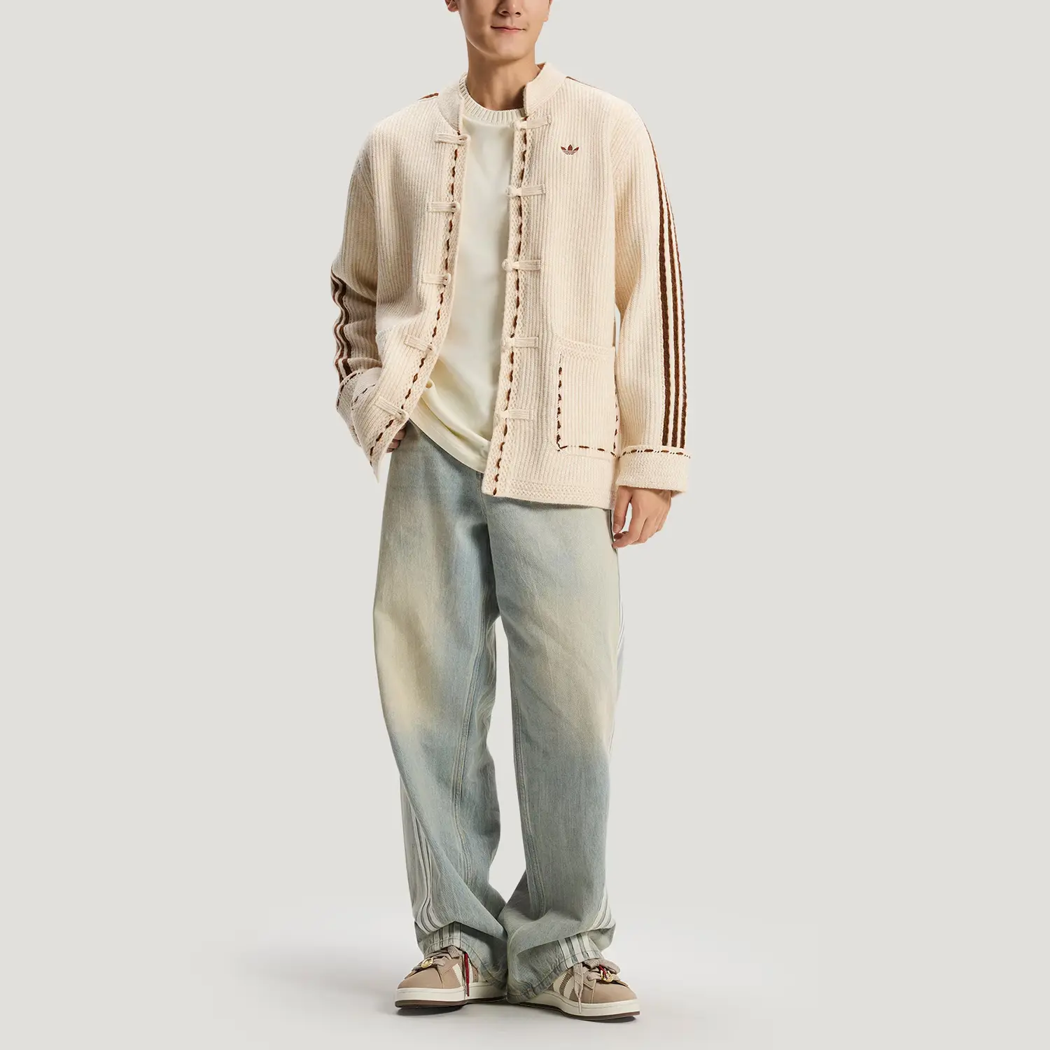 Новогодняя вязаная куртка осень-зима 2025, унисекс Adidas Originals, linen crystal коричневый — фото 4