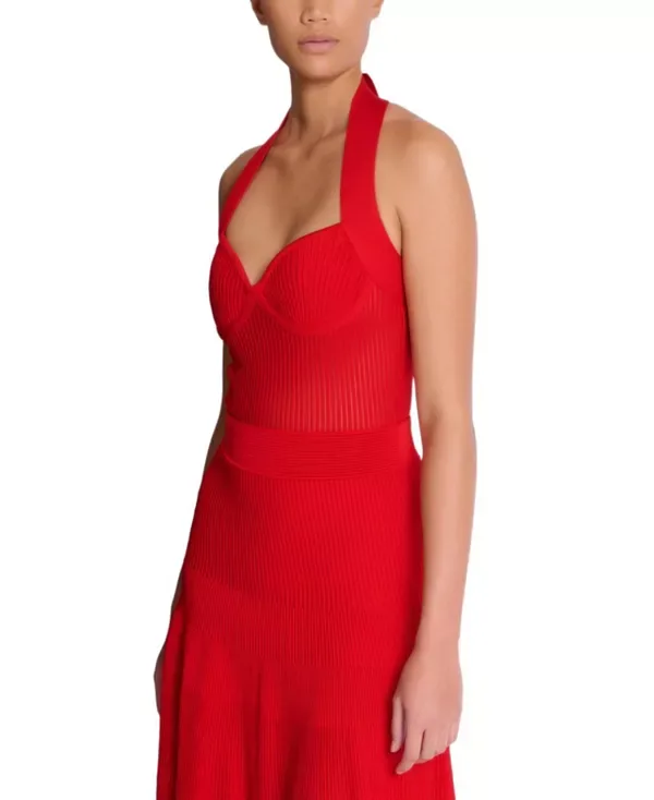 Плиссированное вязаное платье миди с воротником-халтером Balmain, Red — фото 2