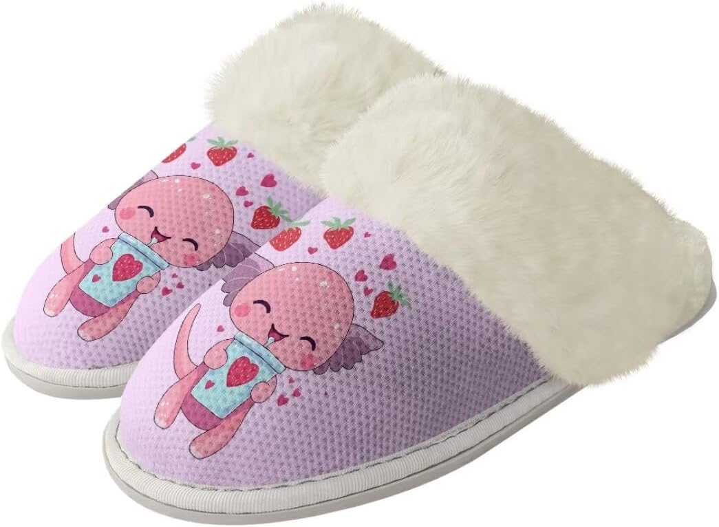 

Женские и мужские забавные пушистые тапочки с животными для пары, противоскользящие домашние туфли с резиновой подошвой, уютные Xixirimido, Stawberry Axolotl