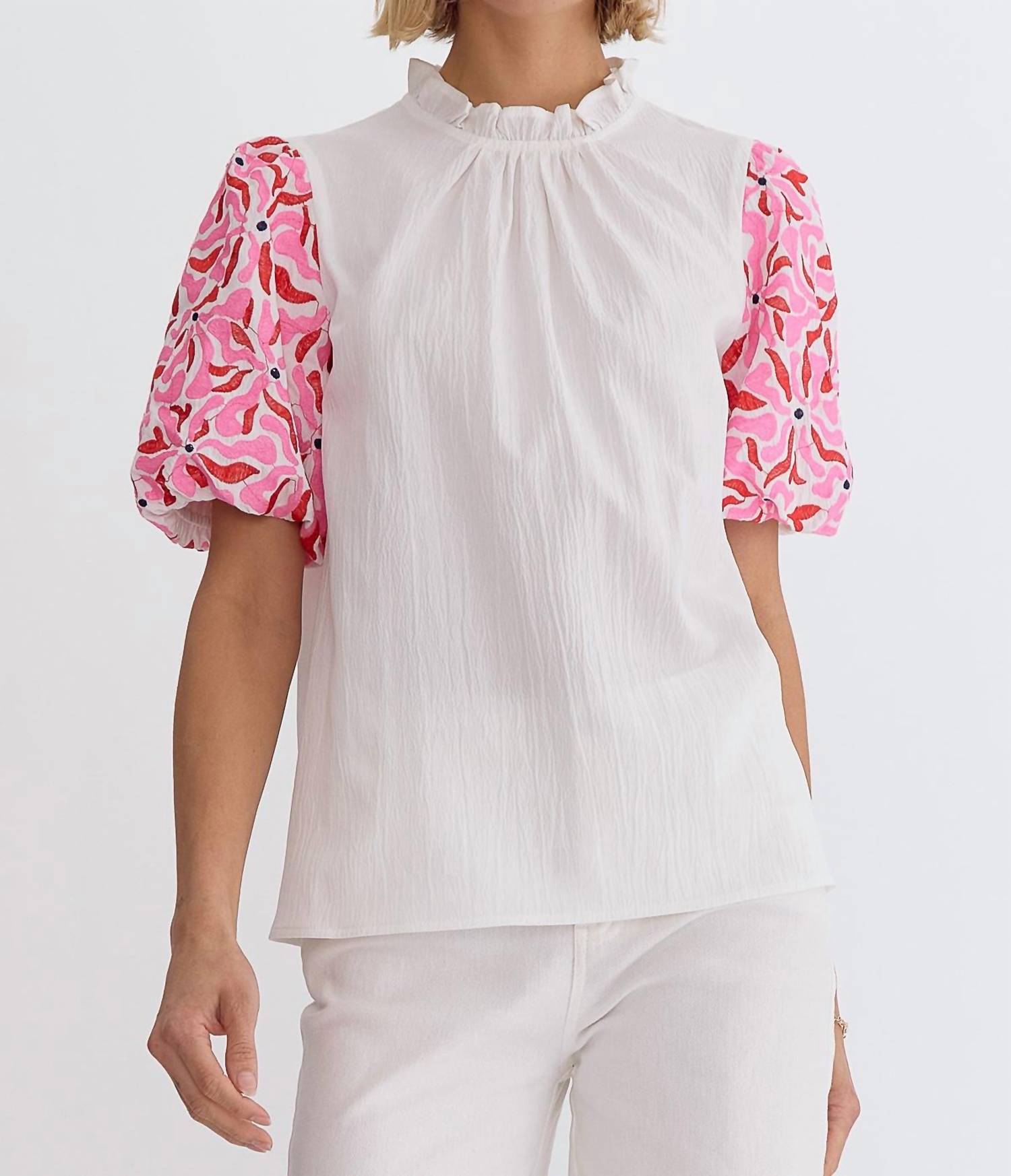 

Entro Топ с высоким воротником и вышитыми рукавами, белый