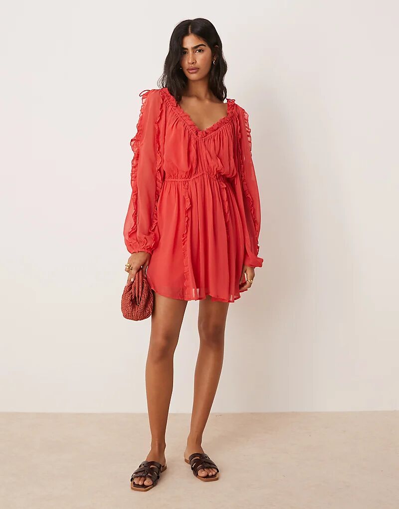 

Мини-платье ASOS DESIGN с V-образным вырезом и оборками, завязкой спереди, красное