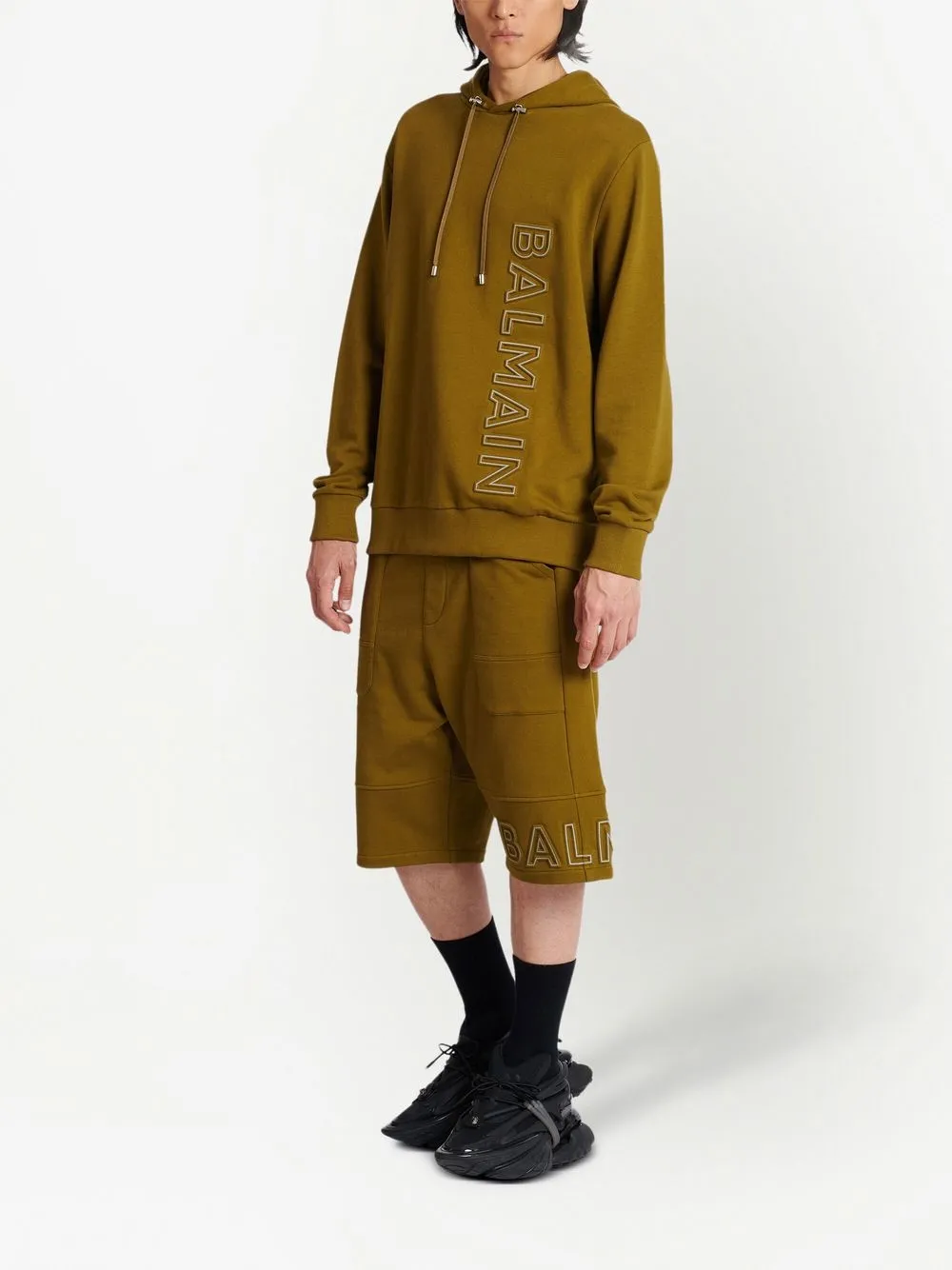 Толстовка с капюшоном из органического хлопка с тисненым логотипом BALMAIN, зеленый — фото 2