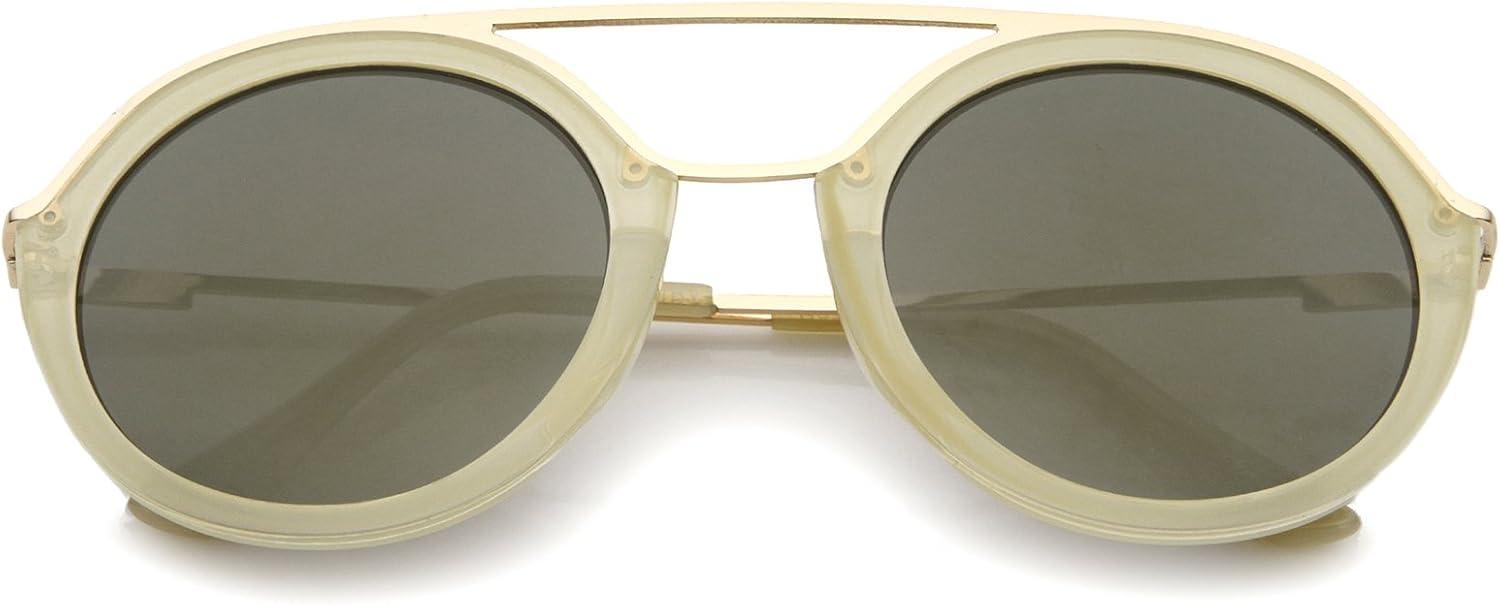 

Солнцезащитные очки zeroUV в современном стиле с металлическим двойным носовым мостиком, цветными зеркальными линзами и круглыми линзами, диаметр линз 52 мм, Creme-gold / Smoke Mirror