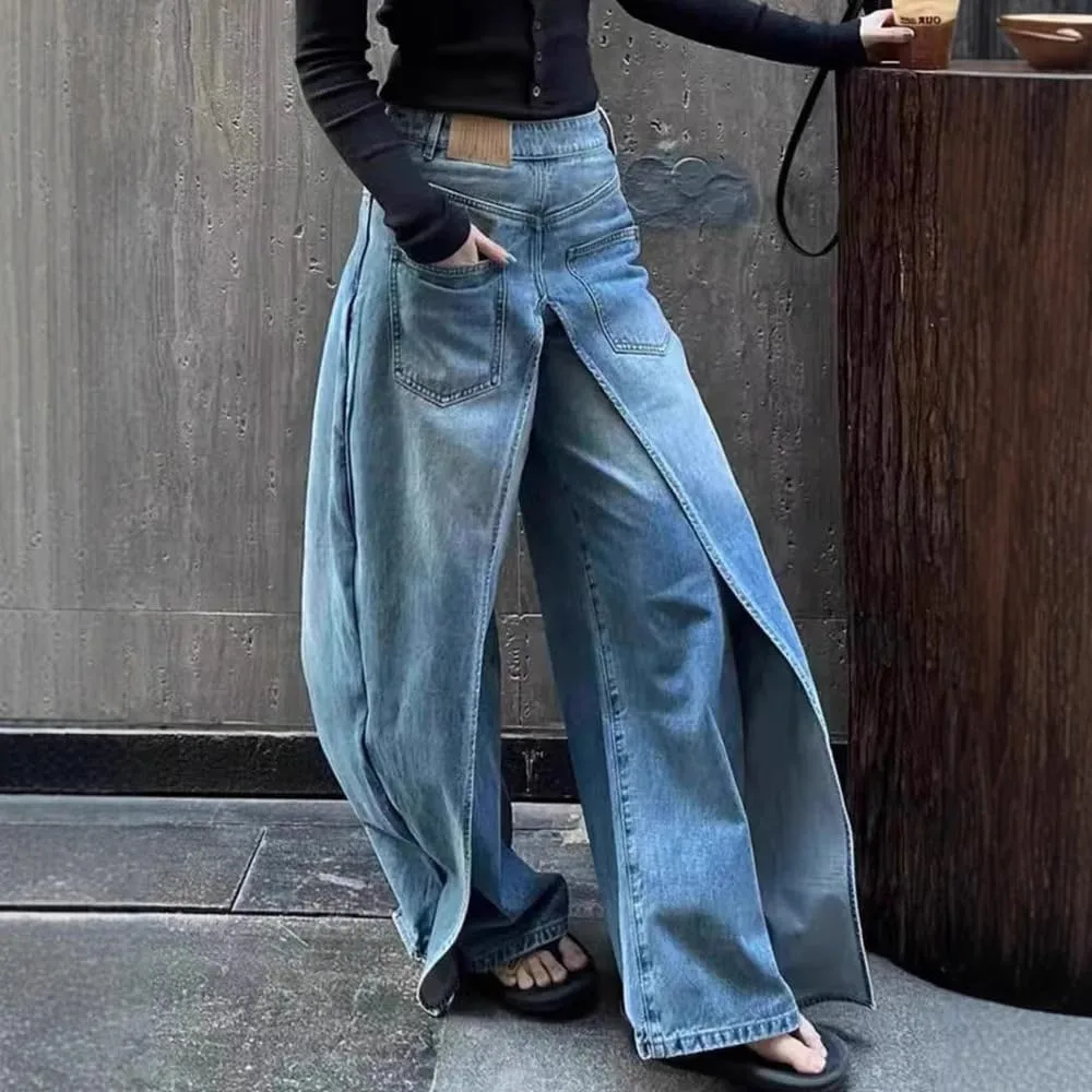 

Женские джинсы с асимметричным пэчворком, широкие и прямые, с высокой посадкой