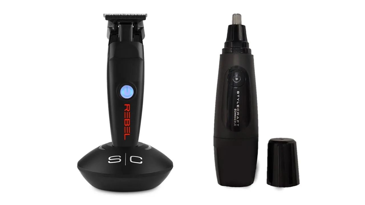 Комплект беспроводного триммера для волос Stylecraft Rebel Professional с модульным двигателем Super-Torque и функцией обрезки волос Schnozzle для носа и ушей., Black