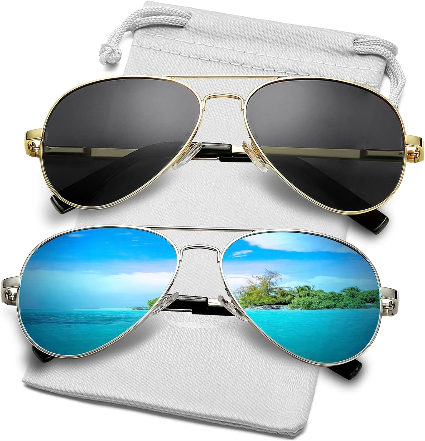 

Классические поляризованные солнцезащитные очки-авиаторы AIEYEZO для мужчин и женщин, с пружинным шарниром и металлической оправой, защита от УФ-излучения UV400, 2 Pack (Gold/Grey, Silver/Ice Blue Mirror)