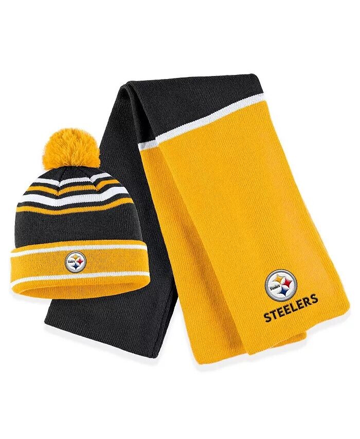 

Женская черная вязаная шапка Pittsburgh Steelers Colorblock с манжетами, помпоном и шарфом в комплекте WEAR by Erin Andrews