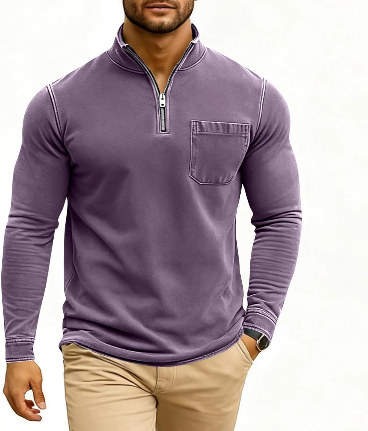 Поло с длинным рукавом и воротником-стойкой, мужское, Slim Fit, в стиле casual — фото 2