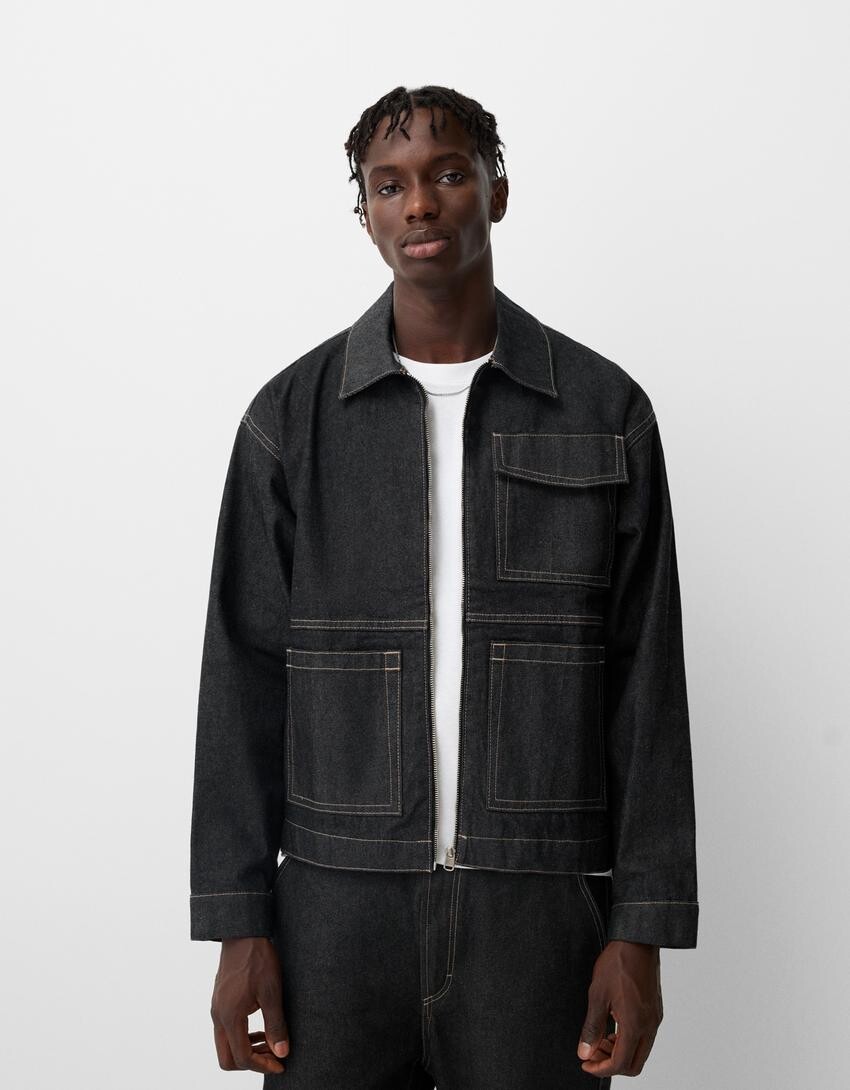 

Укороченная джинсовая рубашка с карманами Bershka, синий