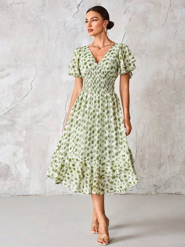 

Платье миди с рюшами по подолу и принтом флек Jolie Moi, Green