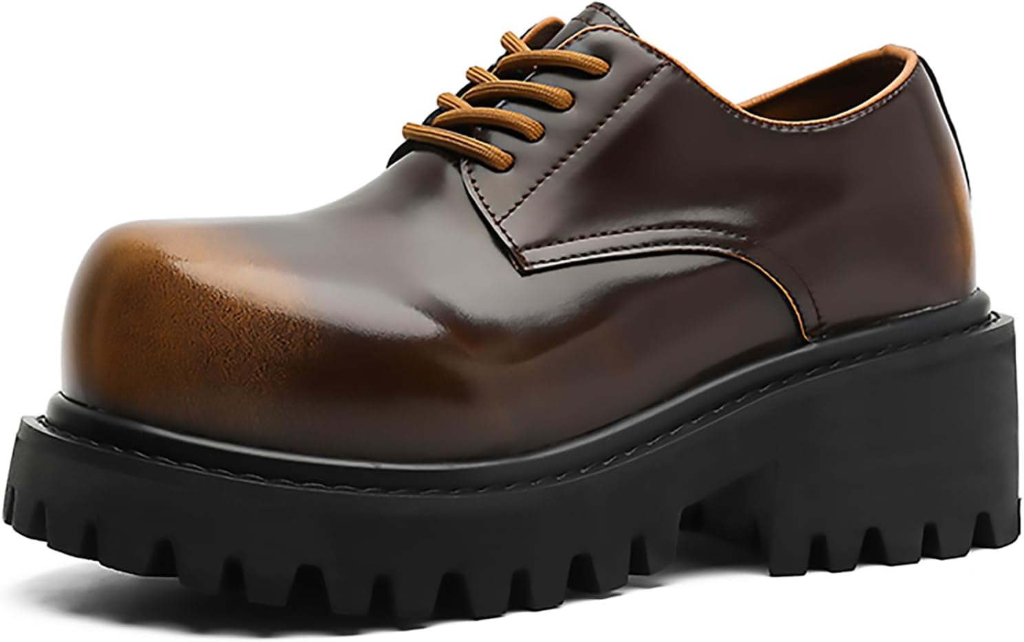 

Мужские оксфорды на платформе из градиентной лаковой кожи с большим круглым носком и массивным каблуком, дерби, повседневная мода, шнуровка, деловая обувь для офиса Bwseobg, коричневый