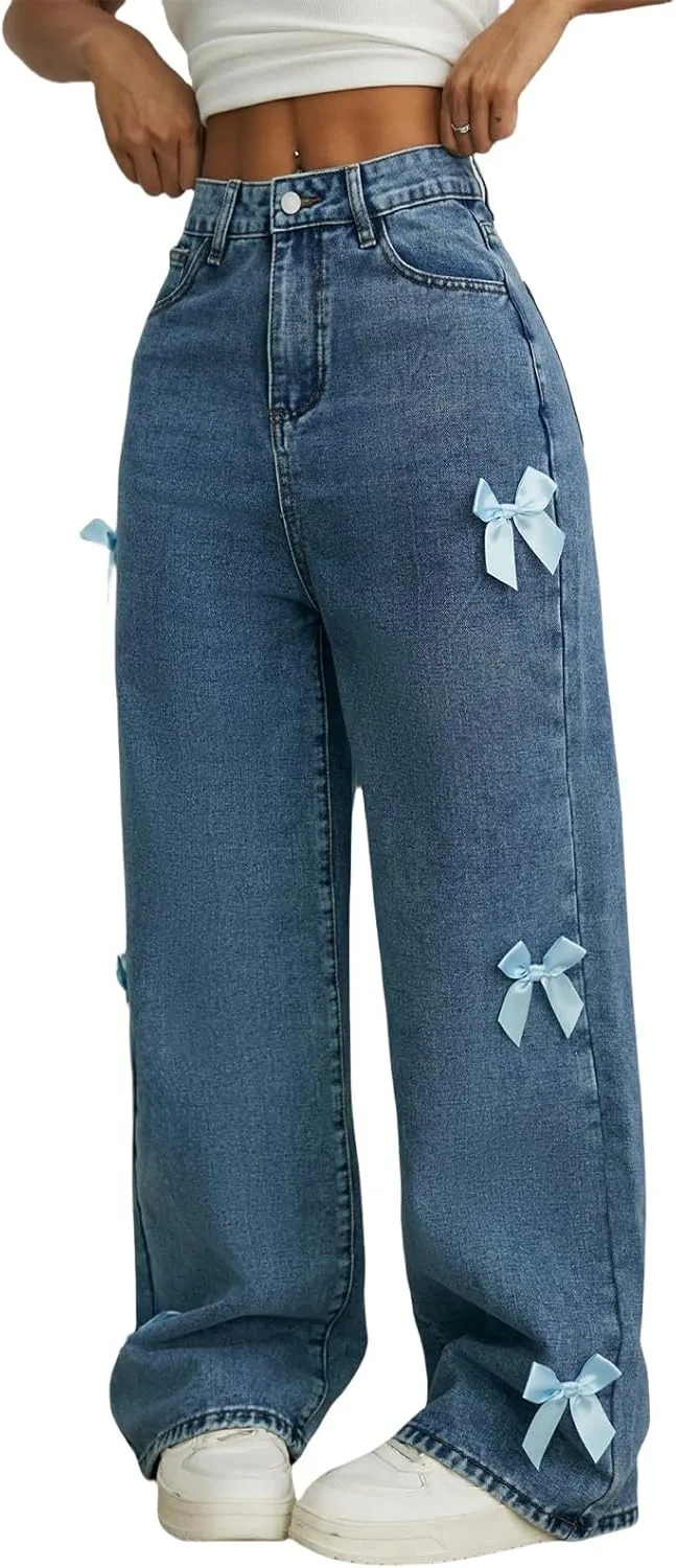 

Летние джинсы для женщин с бантом, широкие, мешковатые, на высокой талии owsber