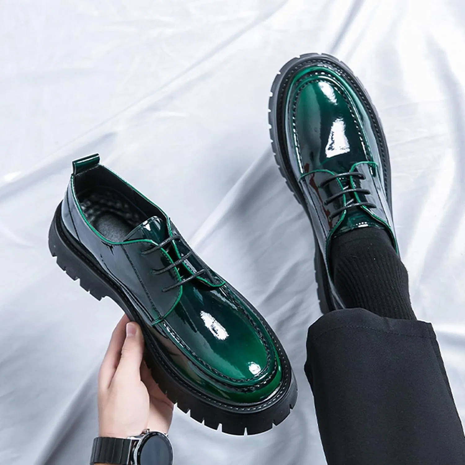 Лоферы на платформе, кожаные, Men's, Green MVIOBUY — фото 4