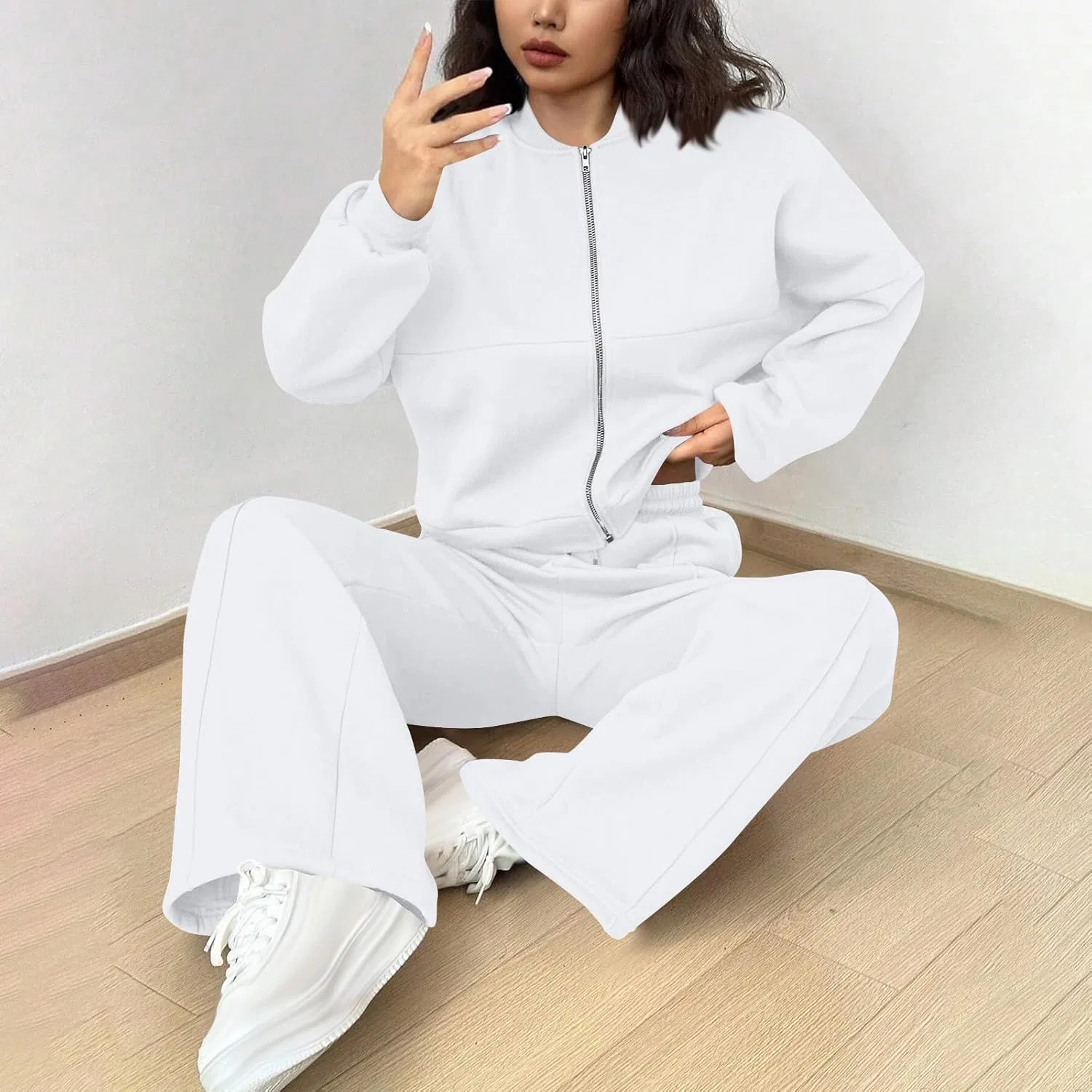 Женский спортивный костюм с курткой на молнии и широкими штанами, A#01 White — фото 4
