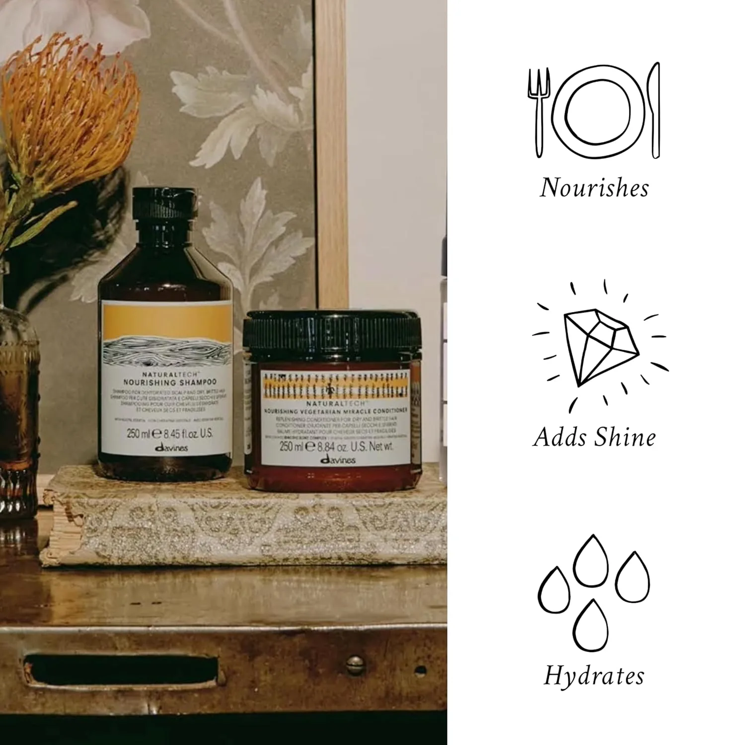 Питательный шампунь и кондиционер Davines Naturaltech: мягкое очищающее действие для обезвоженной, сухой и ломкой кожи головы, придает мягкость и блеск, увлажняет неструктурированные волосы. — фото 3