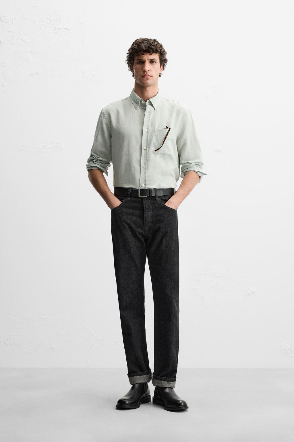

Рубашка лен/хлопок ZARA, цвет Sea green