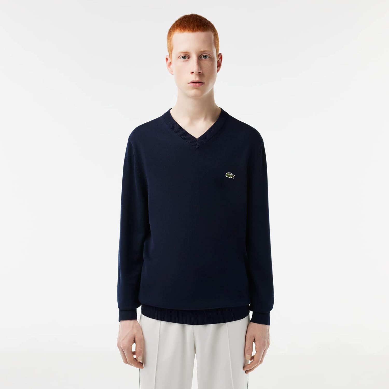Lacoste мужской свитер с длинным рукавом, прямой крой, V-образный вырез, из органического хлопка, Navy Blue — фото 4