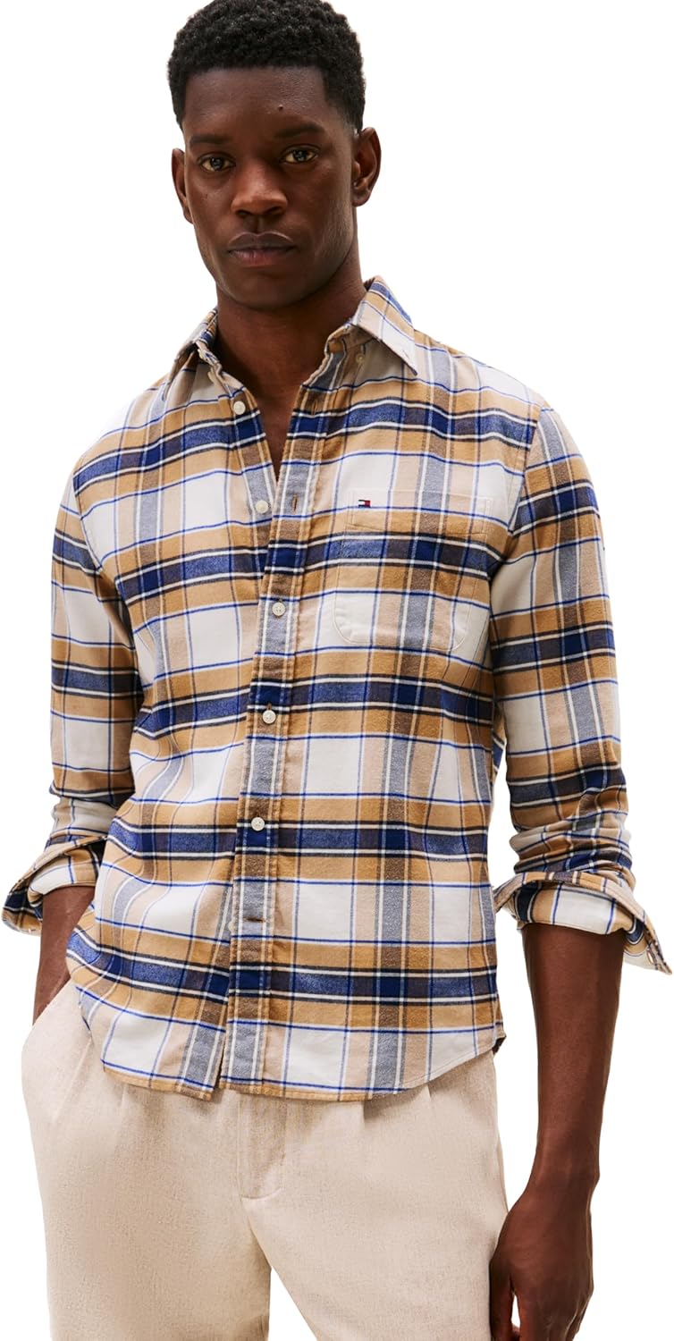 

Мужские рубашки-оксфорды с длинным рукавом Tommy Hilfiger, классический крой, мужские рубашки на пуговицах, также доступны в размерах для больших и высоких размеров., Safari Canvas / Check