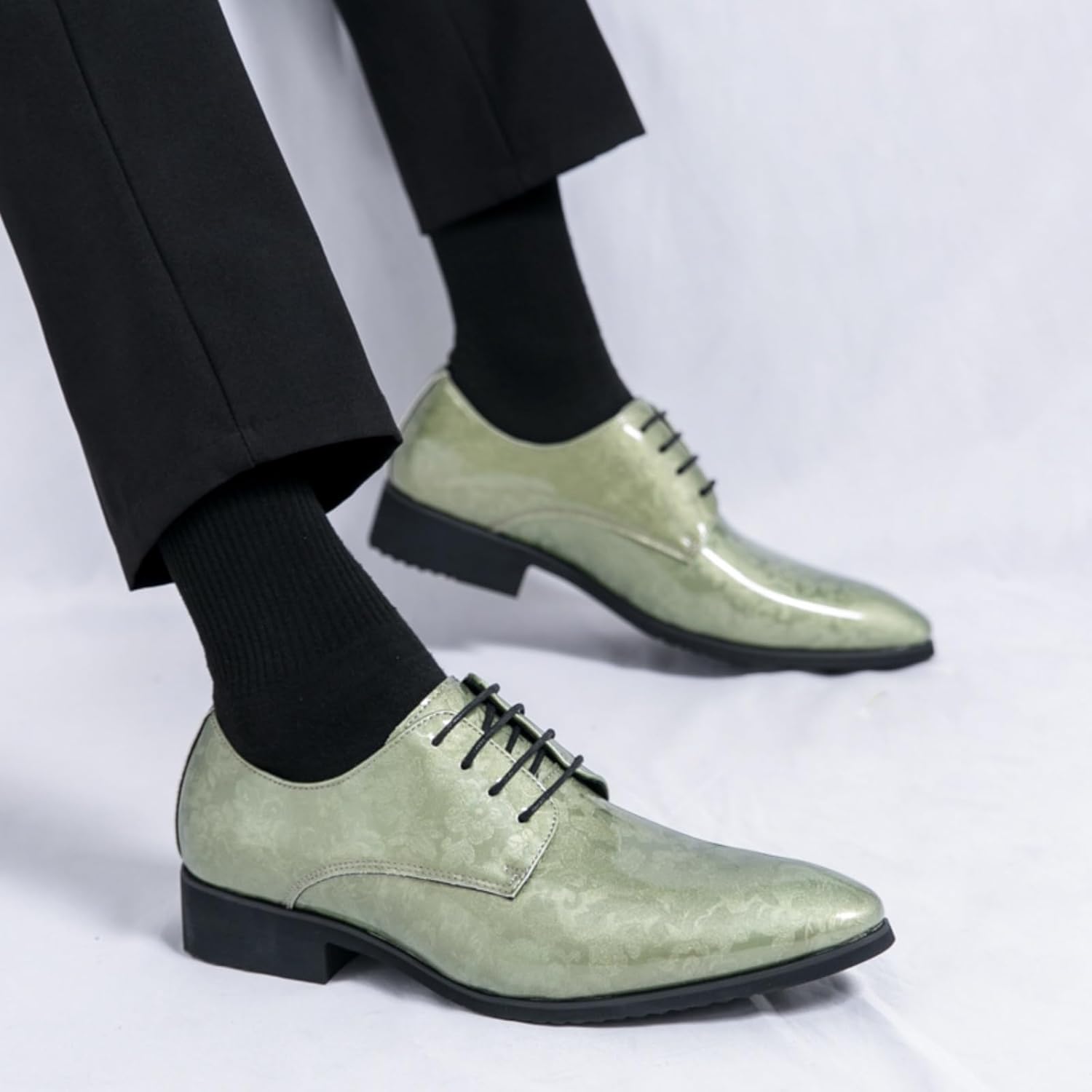 Мужские ретро туфли Oxfords из лакированной кожи с принтом, шнуровкой, низким верхом, заостренным носком, с нескользящей подошвой и массивным каблуком, повседневные туфли Dreby для официальных мероприятий, бизнеса и свадеб Boaobaihuo, зеленый — фото 4