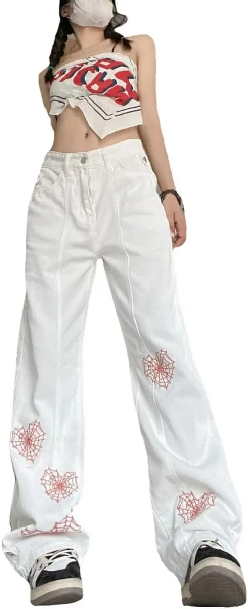 

Obenie Женские повседневные джинсы свободного кроя с высокой талией и белой паутинной вышивкой