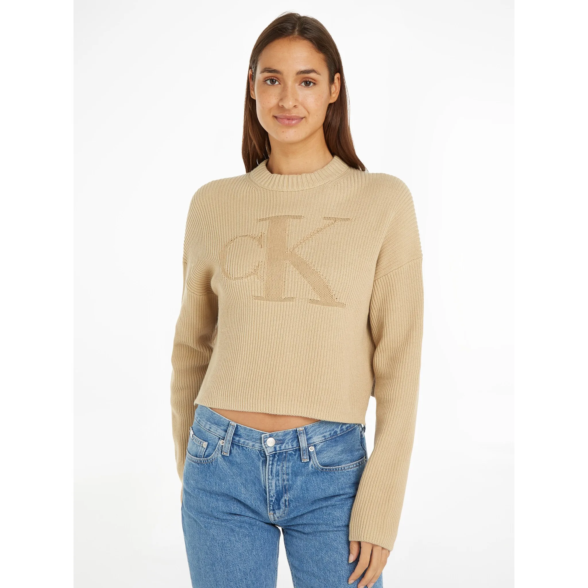 

Свитер с воротником стойкой Calvin Klein Jeans "LOGO INTARSIA REGULAR SWEATER" и вышитым логотипом, хаки
