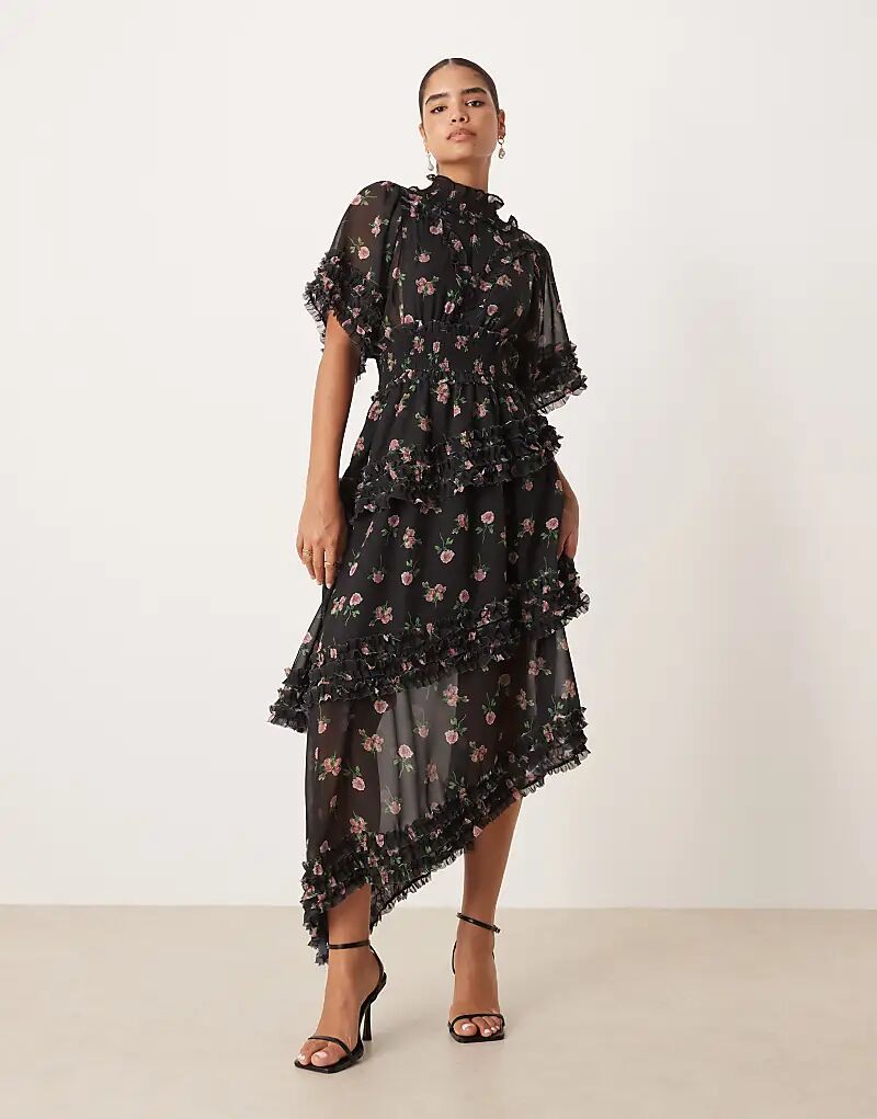 

Платье макси Sister Jane с асимметричным лифом и сборками на талии, черное с цветочным принтом